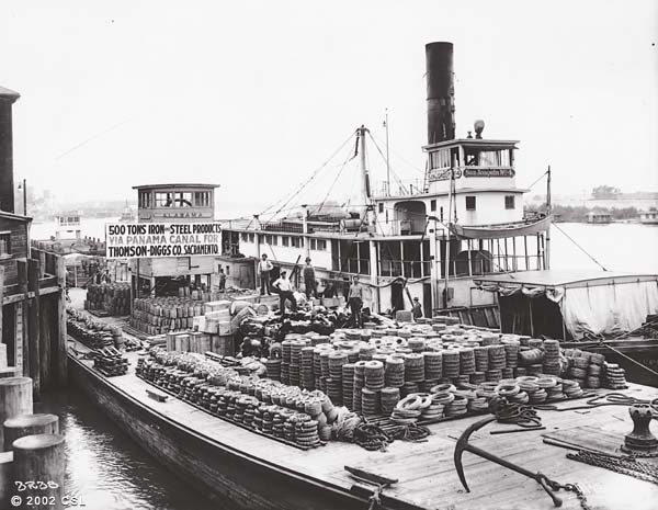 [Barges and steamboats on the Sacramento River]