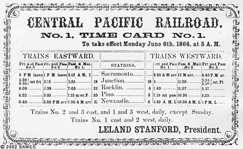 Central Pacific Railroad no. 1, time card no. 1. : to take effect Monday June 6, 1864, at 5 A.M. : photographic print