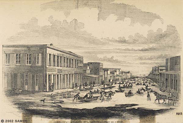 The flood at Sacramento City, California : view on J Street : illustrated newspaper clipping