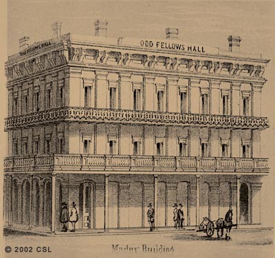 Madux Building [Odd Fellows Hall. Detail of birds-eye view of Sacramento]